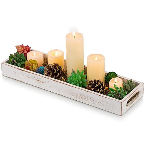 Hanobe Decorative Wooden ServingTray: Rustic Long Narrow Centerpiece Farmhouse Wood Candle Holder Trays with Cutout Handles Rectangular Coffee Table Tray for Living Room Kitchen Home Decor, White