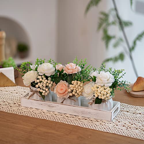 Hanobe Decorative Wooden ServingTray: Rustic Long Narrow Centerpiece Farmhouse Wood Candle Holder Trays with Cutout Handles Rectangular Coffee Table Tray for Living Room Kitchen Home Decor, White