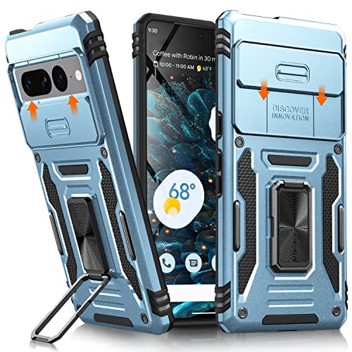 KOVASIA for Pixel 7 Pro Case, Shockproof Bumper Case for Pixel 7 Pro, with Ring Holder Kickstand for Google Pixel 7 Pro Case, Heavy Duty Protection with Sliding Camera Cover for Pixel 7 Pro, Sky Blue