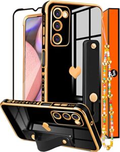 likiyami for samsung galaxy a03s phone case heart for women girls cute girly pretty luxury aesthetic with stand cases black and gold plating love hearts cover screen chain for galaxy a03s 6.5"