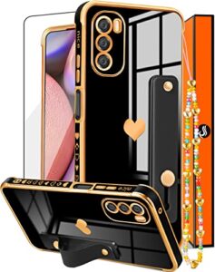 likiyami (3in1 for moto g 5g 2022 case heart for women girls girly cute pretty with stand phone cases black and gold plating love hearts aesthetic cover+screen+chain for motorola 2022 6.5"