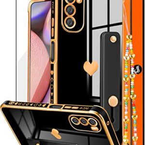 Likiyami (3in1 for Moto G 5G 2022 Case Heart for Women Girls Girly Cute Pretty with Stand Phone Cases Black and Gold Plating Love Hearts Aesthetic Cover+Screen+Chain for Motorola 2022 6.5"