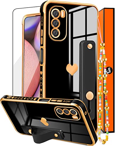 Likiyami (3in1 for Moto G 5G 2022 Case Heart for Women Girls Girly Cute Pretty with Stand Phone Cases Black and Gold Plating Love Hearts Aesthetic Cover+Screen+Chain for Motorola 2022 6.5"