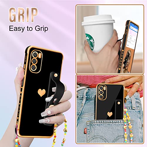 Likiyami (3in1 for Moto G 5G 2022 Case Heart for Women Girls Girly Cute Pretty with Stand Phone Cases Black and Gold Plating Love Hearts Aesthetic Cover+Screen+Chain for Motorola 2022 6.5"