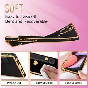 Likiyami (3in1 for Moto G 5G 2022 Case Heart for Women Girls Girly Cute Pretty with Stand Phone Cases Black and Gold Plating Love Hearts Aesthetic Cover+Screen+Chain for Motorola 2022 6.5"