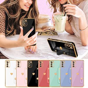 Likiyami (3in1 for Moto G 5G 2022 Case Heart for Women Girls Girly Cute Pretty with Stand Phone Cases Black and Gold Plating Love Hearts Aesthetic Cover+Screen+Chain for Motorola 2022 6.5"