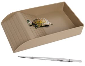 reptile feeding dish with ramp and basking platform turtle food water bowl tortoise ramp bowl amphibians habitat horned frogs lizards fit for bath, included 1pc forcep