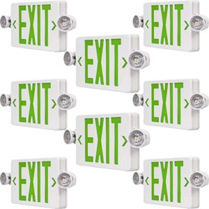 green led exit sign emergency light combination adjustable two heads and battery backup, us standard commercial emergency exit lighting, fire resistant ul 924 ac 120/277v (8-pack)