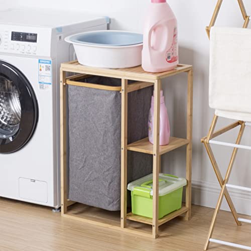 Bamboo Laundry Hamper Basket Table - 11.8''x19.6''x27.5'' Freestanding Laundry Organizer Cabinet with Sliding Bag & 2-Tier Storage Shelves for Dorm Room, Bathroom, Living Room