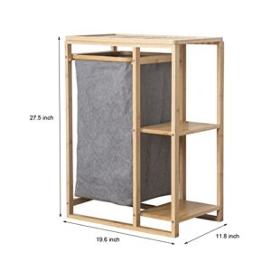 Bamboo Laundry Hamper Basket Table - 11.8''x19.6''x27.5'' Freestanding Laundry Organizer Cabinet with Sliding Bag & 2-Tier Storage Shelves for Dorm Room, Bathroom, Living Room