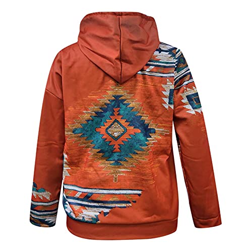 Women's Western Ethnic Style Print Aztec Sweatshirt Long-Sleeved Hoodie Pullover, Cowgirl Rhombus Printed Hooded top, Red, X-Large