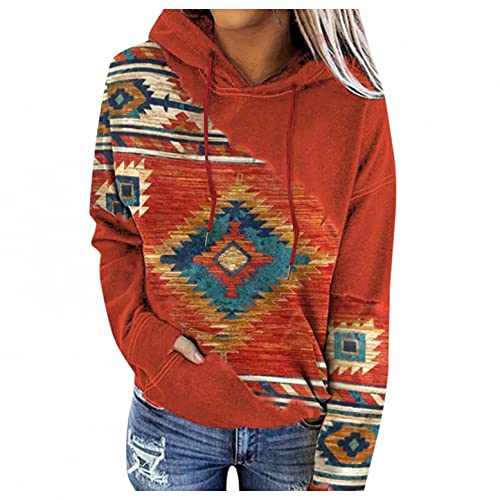 Women's Western Ethnic Style Print Aztec Sweatshirt Long-Sleeved Hoodie Pullover, Cowgirl Rhombus Printed Hooded top, Red, X-Large