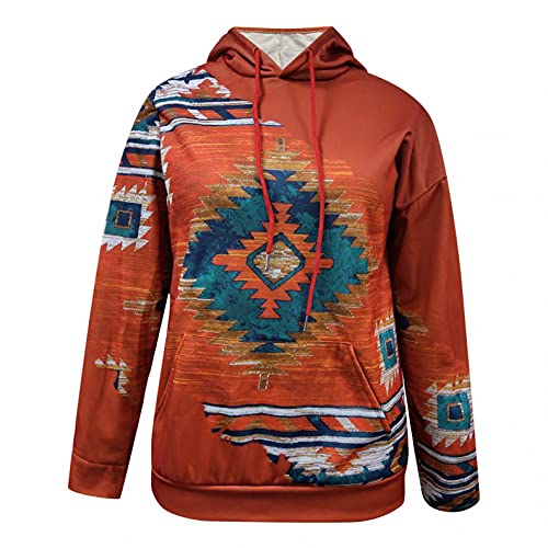 Women's Western Ethnic Style Print Aztec Sweatshirt Long-Sleeved Hoodie Pullover, Cowgirl Rhombus Printed Hooded top, Red, X-Large