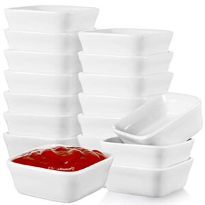 30 pcs dipping bowls ceramic soy sauce dish, 1.5oz white square serving ceramic condiment cups for sauces soy condiments bbq sushi cream spices cakes cookies party dinner