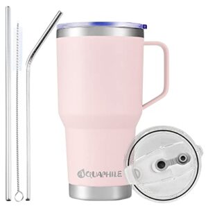 aquaphile 30oz stainless steel insulated coffee mug with handle, double walled vacuum travel cup with lid & straw, reusable thermal coffee cup, portable coffee tumbler, for hot&cold drinks(pink)