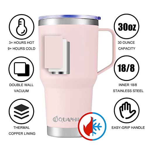 AQUAPHILE 30oz Stainless Steel Insulated Coffee Mug with Handle, Double Walled Vacuum Travel Cup with Lid & Straw, Reusable Thermal Coffee Cup, Portable Coffee Tumbler, for Hot&Cold Drinks(Pink)