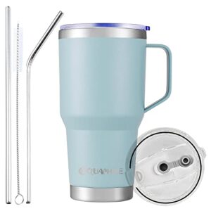 aquaphile 30oz stainless steel insulated coffee mug with handle, double walled vacuum travel cup with lid & straw, reusable thermal coffee cup, portable coffee tumbler, for hot&cold drinks(light blue)