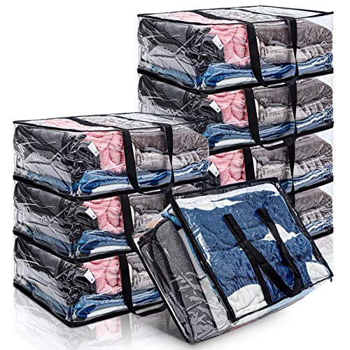 8 Pcs Clear Zippered Storage Bags Closet Organizer Vinyl Bag with Reinforced Handle Clothes Storage Organizer Transparent Moving Bags Totes for Bedding Linen. (60 L, 23.6x16.5x9.5 In, Clear, Black)