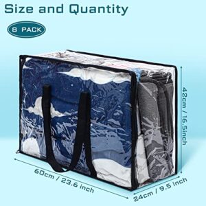 8 Pcs Clear Zippered Storage Bags Closet Organizer Vinyl Bag with Reinforced Handle Clothes Storage Organizer Transparent Moving Bags Totes for Bedding Linen. (60 L, 23.6x16.5x9.5 In, Clear, Black)