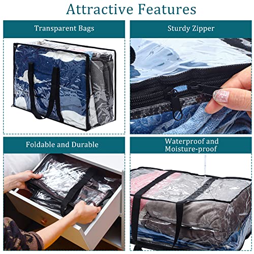 8 Pcs Clear Zippered Storage Bags Closet Organizer Vinyl Bag with Reinforced Handle Clothes Storage Organizer Transparent Moving Bags Totes for Bedding Linen. (60 L, 23.6x16.5x9.5 In, Clear, Black)