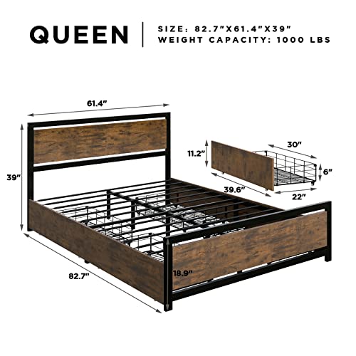 AMERLIFE Queen Bed Frame with 4 XL Storage Drawers, Storage Platform Bed with Wooden Headboard & Footboard, No Box Spring Needed, (BT-829Q)