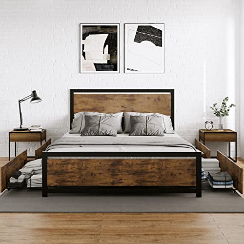AMERLIFE Queen Bed Frame with 4 XL Storage Drawers, Storage Platform Bed with Wooden Headboard & Footboard, No Box Spring Needed, (BT-829Q)