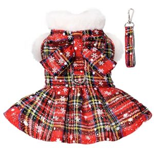 christmas dog harness dress with leash set red plaid puppy sweaters for small dogs girl winter warm pet clothes outfits cute bowknot doggy apparel cat holiday xmas party costume (medium, red)