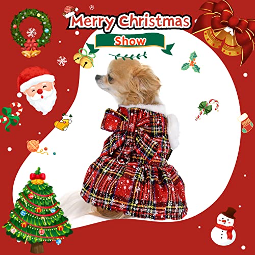 Christmas Dog Harness Dress with Leash Set Red Plaid Puppy Sweaters for Small Dogs Girl Winter Warm Pet Clothes Outfits Cute Bowknot Doggy Apparel Cat Holiday Xmas Party Costume (Medium, Red)