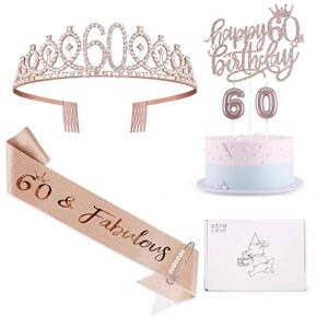 BEAN LIEVE 60th Birthday Decorations - Including 60th Birthday Sash, 60th Birthday Diamond Crown/Tiara, Birthday Candles and Cake Toppers, Rose Gold Maiden Gift 60th Birthday Celebration.