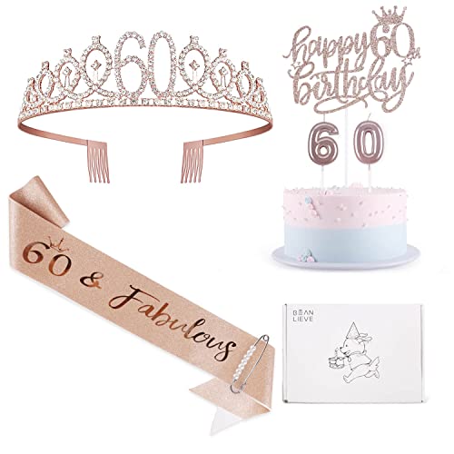 BEAN LIEVE 60th Birthday Decorations - Including 60th Birthday Sash, 60th Birthday Diamond Crown/Tiara, Birthday Candles and Cake Toppers, Rose Gold Maiden Gift 60th Birthday Celebration.