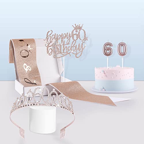 BEAN LIEVE 60th Birthday Decorations - Including 60th Birthday Sash, 60th Birthday Diamond Crown/Tiara, Birthday Candles and Cake Toppers, Rose Gold Maiden Gift 60th Birthday Celebration.