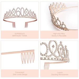 BEAN LIEVE 60th Birthday Decorations - Including 60th Birthday Sash, 60th Birthday Diamond Crown/Tiara, Birthday Candles and Cake Toppers, Rose Gold Maiden Gift 60th Birthday Celebration.