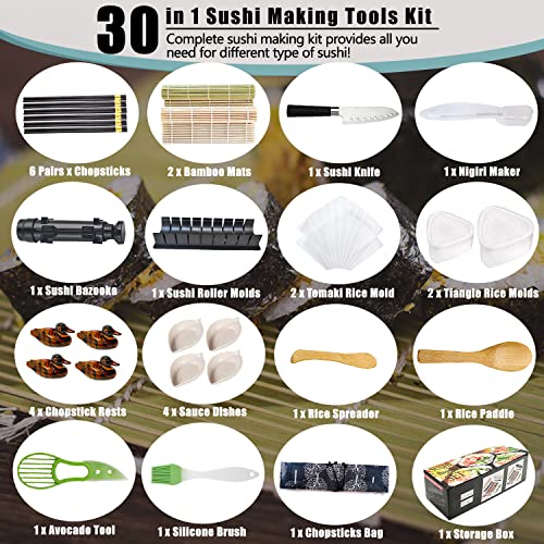 Niantime Complete Sushi Making Kit for Beginner, 30 in 1 Sushi Makers Kit Mold, with Bamboo Rolling Mats, Bazooka Roller, Sushi Rice Mold, Temaki Sushi Mats