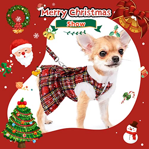 Christmas Dog Harness Dress with Leash Set Red Plaid Puppy Sweaters for Small Dogs Girl Winter Warm Pet Clothes Outfits Cute Bowknot Doggy Apparel Cat Holiday Xmas Party Costume (X-Small, Red)