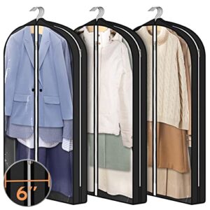 treonyia 39" garment bags with 6" zipper gusset, clear suit bags for closet storage, travel, hanging clothes storage for coats sweaters shirts- gray (40"-3pack, black)