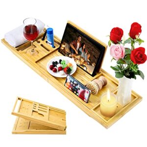 moko foldable bathtub tray, bamboo bath tray expandable bath table caddy for luxury bath to hold book, phone tablet, wine cup, soap - shower gift for women/lovers