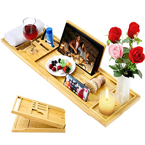 MoKo Foldable Bathtub Tray, Bamboo Bath Tray Expandable Bath Table Caddy for Luxury Bath to Hold Book, Phone Tablet, Wine Cup, Soap - Shower Gift for Women/Lovers