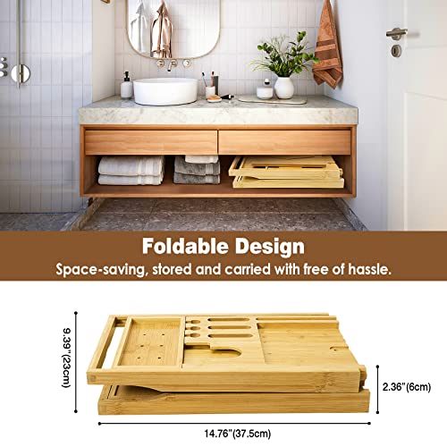 MoKo Foldable Bathtub Tray, Bamboo Bath Tray Expandable Bath Table Caddy for Luxury Bath to Hold Book, Phone Tablet, Wine Cup, Soap - Shower Gift for Women/Lovers