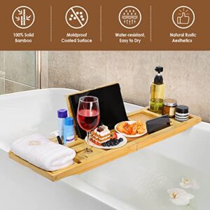 MoKo Foldable Bathtub Tray, Bamboo Bath Tray Expandable Bath Table Caddy for Luxury Bath to Hold Book, Phone Tablet, Wine Cup, Soap - Shower Gift for Women/Lovers