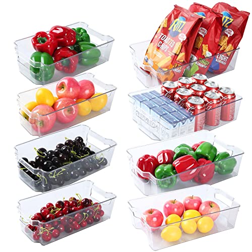 SIMPLYKLEEN Set of 8 Home Pantry Organizer Bins - 4 Large and 4 Medium - Stackable Plastic Clear Food Storage Bin with Handles for Freezer