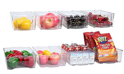 SIMPLYKLEEN Set of 8 Home Pantry Organizer Bins - 4 Large and 4 Medium - Stackable Plastic Clear Food Storage Bin with Handles for Freezer