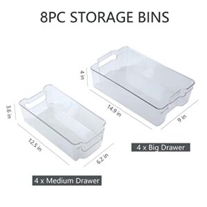 SIMPLYKLEEN Set of 8 Home Pantry Organizer Bins - 4 Large and 4 Medium - Stackable Plastic Clear Food Storage Bin with Handles for Freezer