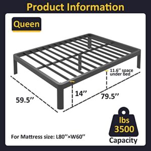 Firpeesy 14 Inch Queen Bed Frame with Sturdy Steel Round Corner Legs, 3500 lbs Heavy Duty Metal Platform Bed Frame with Steel Slats Support, No Box Spring Needed,Noise Free,Non-Slip,Easy Assembly