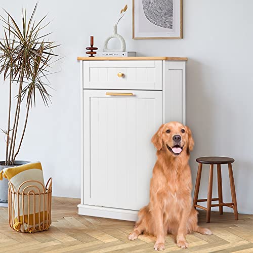 VINGLI Tilt Out Trash Cabinet with Drawer and Cutting Board, 10 Gallon Hidden Trash Can Cabinet, Freestanding or Rolling Garbage Can Cabinet for Kitchen, Living Room, Dinning Room, White Wood