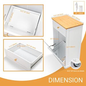 VINGLI Tilt Out Trash Cabinet with Drawer and Cutting Board, 10 Gallon Hidden Trash Can Cabinet, Freestanding or Rolling Garbage Can Cabinet for Kitchen, Living Room, Dinning Room, White Wood