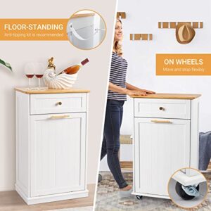 VINGLI Tilt Out Trash Cabinet with Drawer and Cutting Board, 10 Gallon Hidden Trash Can Cabinet, Freestanding or Rolling Garbage Can Cabinet for Kitchen, Living Room, Dinning Room, White Wood