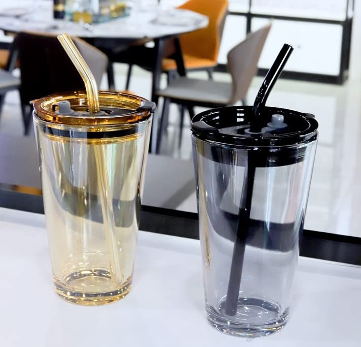 RYUHYF Straw cup, coffee cup, glass with straw and lid, double drink cup, milk cup, tea cup, ice coffee cup, car cup,set of 1 (16oz, Amber)