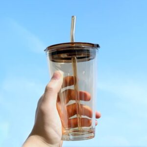 RYUHYF Straw cup, coffee cup, glass with straw and lid, double drink cup, milk cup, tea cup, ice coffee cup, car cup,set of 1 (16oz, Amber)