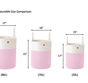 MeloMin NatureMe (50L) Cotton Rope Woven Laundry Basket (6 Colors) - 17” x15” - Home Storage Hamper Bin for Blankets, Comforters, Towels, and Toys (Pink)