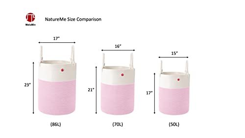 MeloMin NatureMe (50L) Cotton Rope Woven Laundry Basket (6 Colors) - 17” x15” - Home Storage Hamper Bin for Blankets, Comforters, Towels, and Toys (Pink)